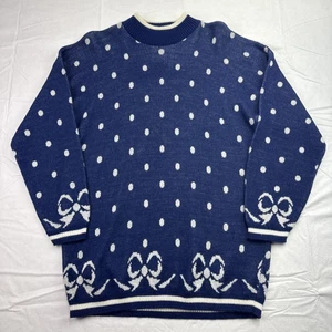 Maglione donna vintage Fortune Knits finto collo a pois nastro taglia L blu/bianco - Foto 1 di 9