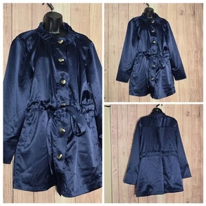 Liz Claiborne Navy Blue Satin Button-Up Belted Coat Jacket Blazer Size 1X - Picture 1 of 11