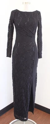 Lauren Ralph Lauren Black Mixed Sequin Lace Jersey Ruched Maxi Evening Dress 2 - Image 1 of 4