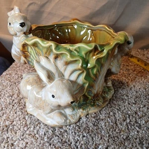 Vintage Ceramic Bunnies With Cabbage Planter 5" - Picture 1 of 13