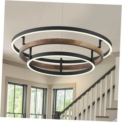 LED 3-Ring Chandelier Black Round Chandelier Light 55W Walnut Wood Black - Image 1 of 4