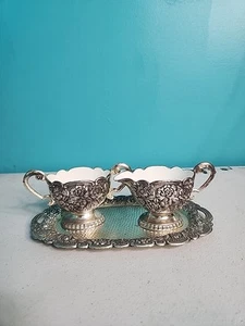 Milchkännchen & Zucker Set Floral Silber Teller Überfang auf Porzellan/Emaille Vintage - Bild 1 von 9