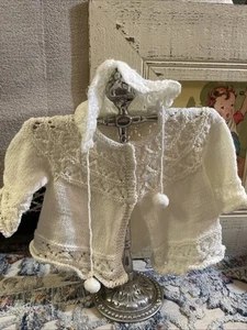 2 PC Hand Crocheted White Sweater & Bonnet Set Outfit Baby 6 mos up - NEW - Picture 1 of 8