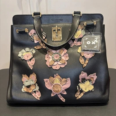 Valentino Joylock Black Leather Floral Applique Rockstud Satchel Shoulder Bag - Image 1 of 4