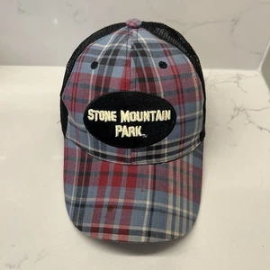 Vintage Stone Mountain Park Plaid Trucker Hat Mesh Snapback Cap Red Blue - Picture 1 of 6