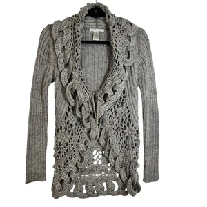 Alberto Makali Crochet Cardigan Sweater S Braided Tie Front Fairy Boho Fur Trim - Picture 1 of 9