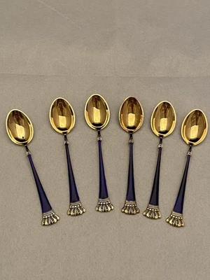 ELA Dinamarca 925 Cucharas Esmaltadas Corona Guilloche Dorado 6 Foto 1 de 4