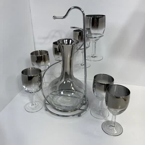 Vtg Dorothy Thorpe Wine Glass Carafe Spiral Caddy MCM Silver Hombre Mad Men Bar - Picture 1 of 12