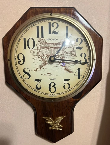 Vtg Verichron Quartz 70s Wall Clock American Eagle Covered Bridge Harris Mallow Cover