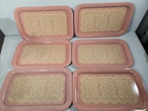 Set Of 6 Vintage 14x9 Metal Pink Serving Tray With Lace/Doily Pattern 1970s EUC - Picture 1 of 6