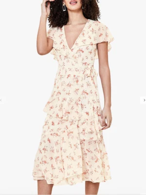 OASIS Floral Tiered Dress UK 12 Faux Wrap Ruffle Midi Natural Beige TeaDress £68 - Image 1 of 4