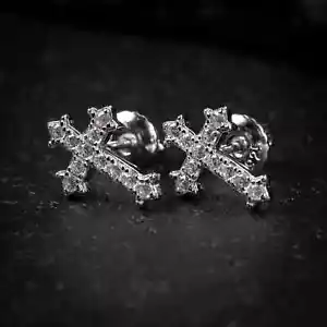 14K White Gold Plated 2 Ct Round Lab Created Diamond Men's Cross Stud Earrings - Picture 1 of 4