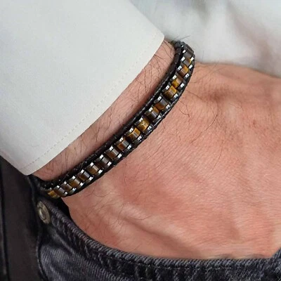 Brazalete Brazalete Hombre Ojo de Tigre Hematita Cuentas Ajustable Masculino Regalo Foto 1 de 4