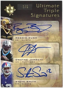 2007 UD Ultimate Triple Signatures Reggie Bush/D.Jarrett/Steve Smith Auto RC 1/5 - Picture 1 of 2