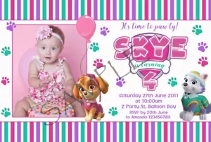 Personalised Paw Patrol Chase Skye Birthday Party Invitations - Photo invites - Picture 1 of 6
