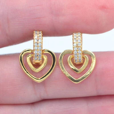 Pendientes Huggie Colgantes Corazones Amor Topacio Transparente Moda Rellenos Oro Amarillo 18K Foto 1 de 2
