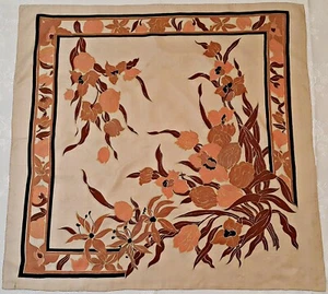 VINTAGE AUTHENTIC FLORAL SUMMER FLOWERS BEIGE BROWN THAI SILK 35'' SQUARE SCARF - Picture 1 of 3