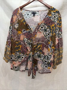 New Directions Womens Top Large Petite Multi 3/4 Sleeve Shirt Anthro Gypsy Patch - Picture 1 of 9