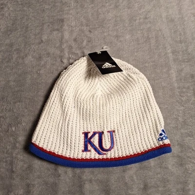 Adidas KU Universidad de Kansas Azul Blanco Tejido Gorro Sin Puños Invierno Sombrero Foto 1 de 4