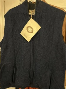 Aran Sweater Vest Gilet Mens Large Blue Wool Cable Knit Full Zip Woollen NWT - Picture 1 of 9