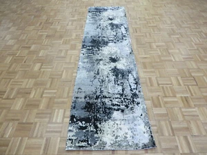 2'6 x 10'2 Runner Hand Knotted Gray Modern Abstract Oriental Rug G15399 - Picture 1 of 11