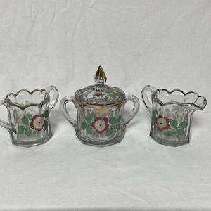 20’er Deko Zuckerdose Milchkännchen Goldrand Glas handbemalt Blumen 4 Stück Antik - Bild 1 von 9