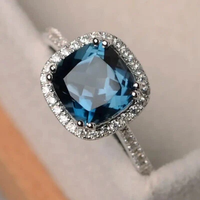 3Ct Cushion Cut Lab-Created Blue Topaz Women's Halo Engagement Ring - 925 Silver - Image 1 of 4
