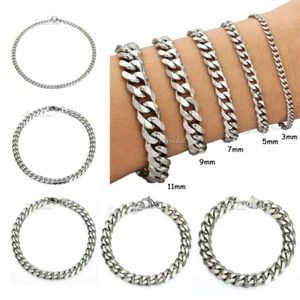 8INCH Long 3-11MM Silver Stainless Steel Curb Cuban Chain Bracelet Women's Gift - Picture 1 of 13