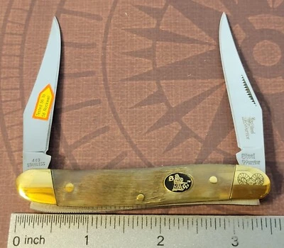 Steel Warrior Knife Two Blade Muskrat Rams Horn Handles Etched Bolster - Image 1 of 4