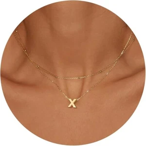 18K Gold Plated X-Initial Pendant Layered Necklaces A -Z Dainty Trendy Choker - Picture 1 of 7