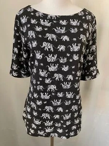 Karen Scott Black / White Elephant Print Half Sleeve Wide Neck Tee Blouse - Picture 1 of 11