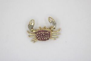 Vintage 14k Yellow Gold Diamond and Ruby Crab Brooch 0.04 cttw 1"