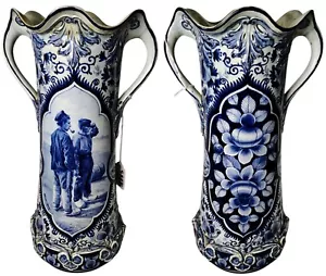 19th Century German Delft Blue & White Faience 2 Handle Vase Handpainted Signed - Picture 1 of 20