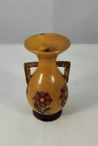 Vintage Folk Art Hand Turned Wooden Carved Vase w/Hand Painted  Flowers 4" BOHO - Picture 1 of 7