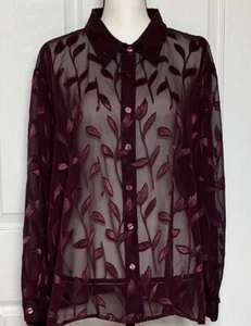 BONWORTH SHEER BERGUNDY BLOUSE EMBROIDERED LOOK LEAF DESIGN L/S SZ XL PETITE - Picture 1 of 5