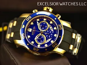 Invicta Mens 48mm PRO DIVER SCUBA Chronograph BLUE Dial 18K Gold Plated SS Watch - Picture 1 of 11