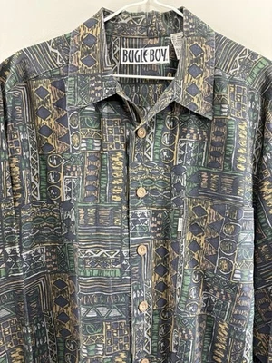 Camisa Bugle Boy Hombres Grande Verde Azul Hawaiano Azteca Abstracto Botón Patinador Playa Foto 1 de 4