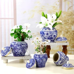 Set of 4 Blue and White Porcelain Vase Chinoiserie Ginger Jar Blue Flower Vas... - Picture 1 of 7