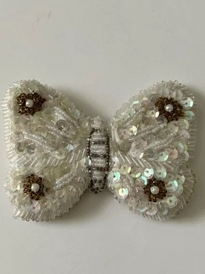 Vintage Beads & Sequins White & Gold Butterfly Clothing or Hat Bow - Image 1 of 4
