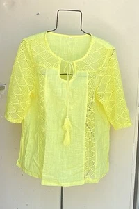 Bright Yellow Sheer Open Knit Blouse Top Women's 2X(Runs 1X) Linen Or Similar - Picture 1 of 10