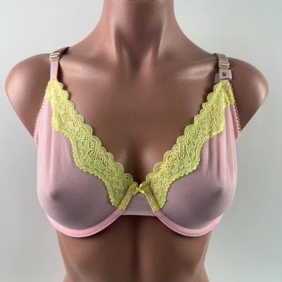 Sujetador Victoria’s Secret Tease Malla Sin Forro Amarillo Encaje Ribete Demi Rosa 34DD NUEVO CON ETIQUETAS Foto 1 de 4