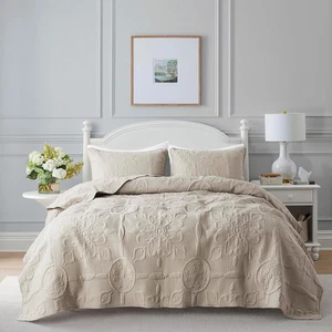 Beige Damask Quilt King Size Bedding Sets with 2 Pillow Shams, Boho Bedspread Li - Picture 1 of 12