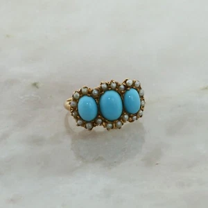 Anillo Vintage Oro Amarillo 14K Turquesa y Perla Semilla, Talla 3 * - Imagen 1 de 12