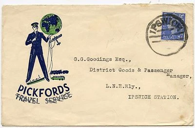 GB PICKFORDS ILLUSTRATED ENVELOPE to IPSWICH RAILWAY STATION LARGE PARCEL CANCEL - Image 1 of 2