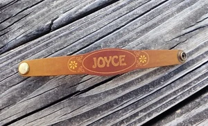 1970's Bracelet VTG JOYCE Handmade Name Stamped Leather Ombre Cuff Yellow Flower - Picture 1 of 8