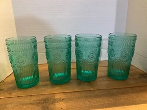 Set of 4 THE PIONEER WOMAN Adeline 16-Ounce Teal Emboss Glass Tumblers Cups - Picture 1 of 6