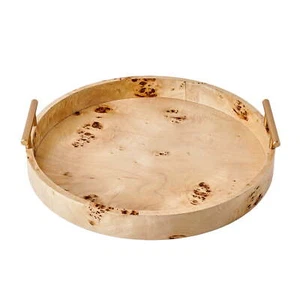 Beautiful Round Burlwood Tabletop Tray with Gold Handles by Drew Barrymore 1.75" - Picture 1 of 7