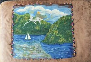 Sailboat Oil Painting on Fabric Folk Art Lake River Ocean Mountains Sun Pillow - Picture 1 of 14