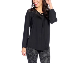 NEW Kate & Mallory Mixed Media Pleated Long Sleeve Lace Detail Top ivory/black - Picture 1 of 9