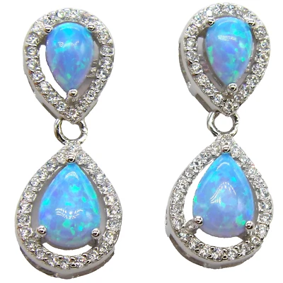 SILVER BLUE OPAL DROP  EARRINGS HALO CZ CLUSTER 925 STERLING SILVER CABOCHON NEW - Image 1 of 4